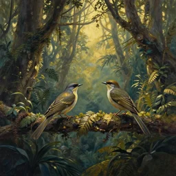 birds in the cloud forest, scifi. gouache and gold leaf work by the award - winning mangaka, bloom, chiaroscuro, backlighting, depth of field.