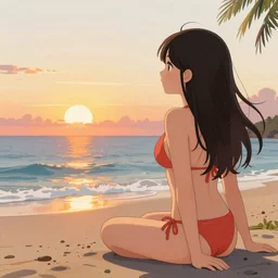 digital art hand-drawn beautiful anime girl in a bikini watching the sunset on a beach