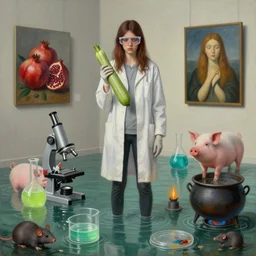 painting of a tall emo girl holding a courgette in a flooded art gallery, paintings on the wall, pomegranates, microscope, beaker of lime green liquid, pig, a flask of cyan liquid, rats, bunsen burner, petri dish, lab coat, safety goggles, latex gloves, cauldron, zen, sensual, surrealist, by magritte and monet
