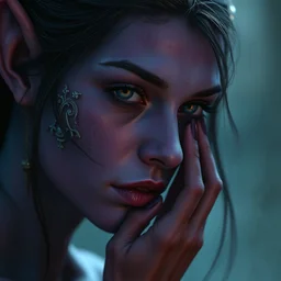 a shy purple skin tiefling woman, blue skin, beautiful portrait by bastien lecouffe deharme and christophe young