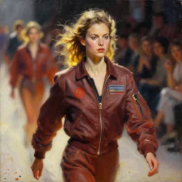 portrait in daring femininity, determined face, flight suit, warm glow, runway bathed in light, speed, captured memory, motion impressionism, radiosity, terrazzo, pj crook, michael garmash, livia prima, nick alm, casey baugh, deep color, oil on canvas