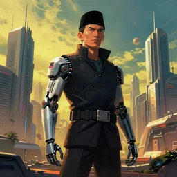 cyberpunk sukarno as the leader of a futuristic communist society, cybernetics, sharp lines, digital, artstation, colored in