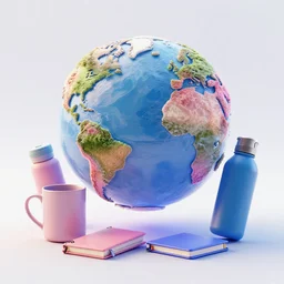 pens mugs notebooks bottles in a colorful world, on clear background, 3 d render, amazing detail, concept art, ray tracing, smooth, sharp focus, ethereal lighting