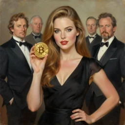 attractive woman holding a golden bitcoin, commerial painting by annie liebovitz, gaston bussiere, craig mullins, j. c. leyendecker, 8 k