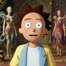 a portrait of morty with background scenery by juergen teller, iris van herpen