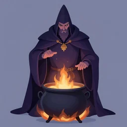 a beautiful artwork illustration, a warlock performing a ritual over a cauldron, volumetric fog, godrays, high contrast, high contrast, high contrast, vibrant colors, vivid colors, high saturation, by Greg Rutkowski and Jesper Ejsing and Raymond Swanland, featured on artstation, wide angle, vertical orientation