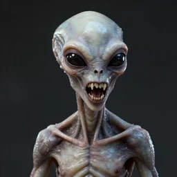 an alien. angled jaw, growling, omniverous layered teeth, sunken nose, smooth bioluminescent skin, emaciated, mid length portrait photograph, highly detailed, high contrast lighting