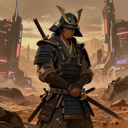 illustration of a worn out samurai with katana in his hands that got time travelled to a futuristic colonized Martian city, rainy day, neon glow concept art, sharp focus, cyberpunk 2077, scifi, octane render, art by Ilya Kuvshinov, wallpaper, highly detailed, anime key visual, warm colors, epic landscape, HD digital art, artstation