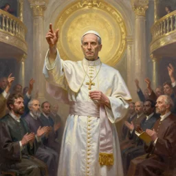 beautiful painting of the cyber pope preaching mass by Dan Mumford, trending on Artstation