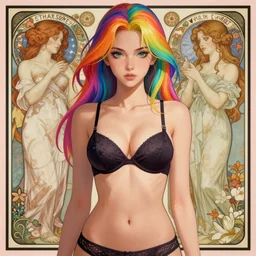 full body portrait, a beautiful symmetrical anime girl, gorgeous torso, pushup bras, rainbow hair, attractive, casual, modern, victoria's secret, highly detailed, digital painting, artstation, concept art, smooth, sharp focus, illustration, art by artgerm, greg rutkowski and alphonse mucha, 8 k,