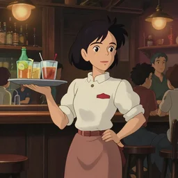 a wholesome animation key shot of a black haired french woman as a waitress carrying drinks in a crowded downtown bar, medium shot, waist up, studio ghibli, pixar and disney animation, sharp, rendered in unreal engine 5, anime key art by greg rutkowski, bloom, dramatic lighting