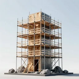 scaffolding sculpture made with, woods, steel and metal, rock details, bright construction materials, photorealistic, cinematic light, high octane, higly detailed, minimalist, made with unreal engine, cgsociety, by yves tanguy, by nate boyce, by david smith, sony a 6 3 0 0, 5 0 mm fe f / 1. 8