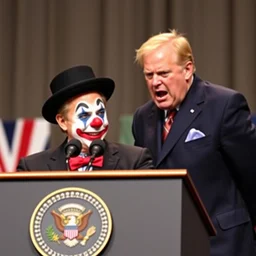 president with clown makeup in a podium next to an angry first minister