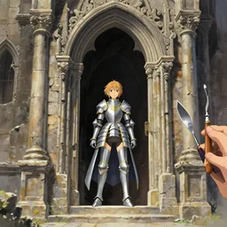 baroque acrylic palette knife, key visual concept art, rustic grand stone chapel with anime female knight standing in the doorway wearing silver armor gold trim, brutalist fantasy, rule of thirds golden ratio, fake detail, trending pixiv fanbox, style of makoto shinkai ghibli takashi takeuchi yoshiyuki sadamoto jamie wyeth james gilleard greg rutkowski chiho aoshima