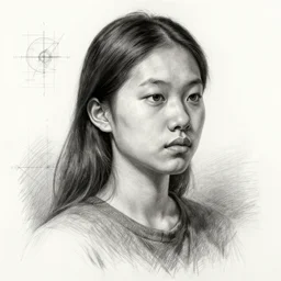 a beautiful hyper realistic portrait pencil sketch from a picture of a asian girl with stoic attitude by peter mohrbacher technical drawing blueprint diagram