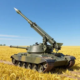 a high resolution very detailed image of a 2 with fgm 1 4 8 javelin rocket launcher in russian tank boss fight from nier : automata in yellow rye field under pure blue skies