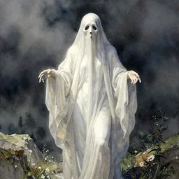 hyper realistic p watercolor of a ghost, in the style of austin osman spare, wayne barlowe, gustav moreau, goward, bussiere and roberto ferri, santiago caruso, bouguereau, klimt, saturno butto, sorayama and tom bagshaw. occult art