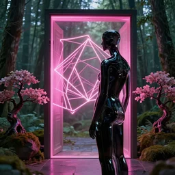 beautiful mannequin sculpted out of black glass by billelis + lit with 3 d geometric neon + forest in background!!!, facing a doorway opening with neon pink geometric fractal light + flowering bonsai trees, transcendent, clean linework, dramatic, finely detailed, 4 k, trending on artstation, photorealistic, rule of thirds, volumetric lighting, octane render