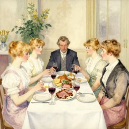 gentlemens dinner, blonde waitresses, masterpiece, meat, wine, schnapps, watercolor by anders zorn and carl larsson, art nouveau