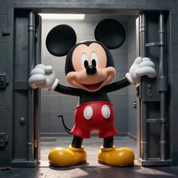 mickey mouse busting out of jail, photorealistic
