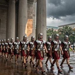column of roman soldiers in rain marching in Washington city
