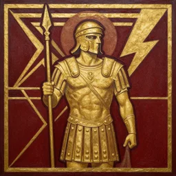 textured art deco painting of roman soldier with spear, geometric, gold and deep dark red background with lightning bolt