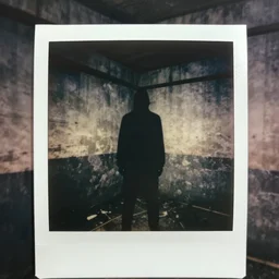 a tall dark shadow standing in the corner of the basement of an industrial building, abandoned, creepy!!, grainy, eerie, terrifying, horrorifiying, old polaroid, expired film,