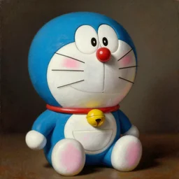 a painting of a blue furry plush and cracked ceramic doraemon toy painted with poor blue and pink pigments, a flemish baroque by dino valls and jc leyendecker, trending on zbrush central, classical realism, flemish baroque, hyper realism, chiaroscuro