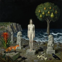 realistic painting of solid black night sky during a war, tall emo girl, coastline, stone sculptures, a fox, a pear tree, black melting sky, cliffs, waves breaking, stones, black puddles, pomegranate tree, bromeliads, herbs, raven, bones, berries, zen, sensual, surrealist painting by magritte and monet and kawase
