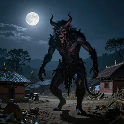 a demon lurking around a nepali village at night, moonlight makes the demon visible, eerie photograph