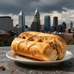 anthropomorphic cheese steak attacking Philadelphia