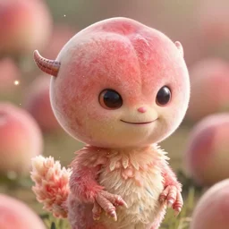 an alien with a face that looks like a fuzzy peach the peach is fuzzy pink warm and ripe the alien has horns and a mean smile the alien has chicken feet cruel smile the alien has sad puppy eyes, 4k, highly detailed, high quality, amazing, high particle effects, glowing, majestic, soft lighting, detailed background, happy tones, sharp background
