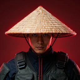 red halo master chief wearing a conical chinese straw rice hat