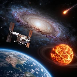 cosmic universe, milky way galaxy, nasa spacestation and fiery comet, earth and moon in foreground, mars, saturn, sun, high detail, realistic, unreal engine