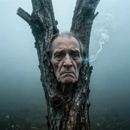 photographic portrait of wrinkly sad max ernst dried melting bark tree with spiraling cigarette smoke, in fog, underwater