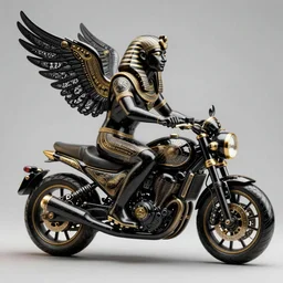 fine art statue of black egyptian man on a surrealist motorbike motorcycle, ebony art deco, carved black marble, inlaid with ebony and gold accents, ebony rococo, wings black lace wear, spider zero, zaha hadid, beautifully lit, hyper detailed, octane render, intricate, elite, ornate, photorealistic, micro details, 3 d sculpture, ray trace
