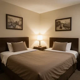 an empty hotel bedroom with dull brown bedsheets and boring decorations