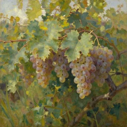 oil painting lanscape by anders zorn, nature, fruit bush, translucent grapes, vines with backlight