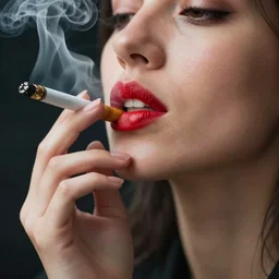 woman smoking a cigarette, cigarette smoking, smoking, ( red lipstick ), lips on cigarette, puckering, smoke, close up