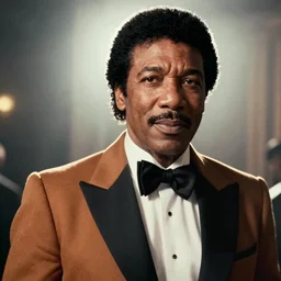 a 1970s film still of Morgan Freeman dressed as Lionel Richie, 40mm lens, shallow depth of field, back lighting