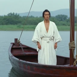 movie still by akira kurosawa of a man in white drapery in a blood barque on a river next to a spherical skyscraper city, leica sl 2 5 0 mm b & w, heavy grain, high quality, high detail, fog, mud