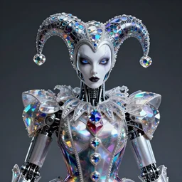 front shot of a court jester!!!! character, polished, glossy, holographic crystals, bionic futurism, robotic cyborg, 8 5 mm f 1. 8, ominous elegant ( ( intricate ) ) highly detailed concept artstation sharp focus ray tracing cinematic masterpiece fine portrait, by artgerm greg rutkowski tooth wu beeple