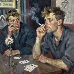oil painting in the style of john craxton sailors holding cigarettes in the shadows of a pub. in the style of ivon hitchins. scratch. strong lighting. playing cards. brush. single flower. cheekbones. smokey bar. seated figure hands on table. eye. strong expressions on faces. line drawing.