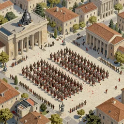 A mixed media closeup portrait painting of Roman legions assembled in a military parade formation in the center of the city, isometric aerial view, crimson petals fall on the parade, by Frank Frazetta, Boris Vallejo, Greg Rutkowski, Beeple, Yoko Taro, Christian MacNevin, epic fantasy character art, roman numerals, high fantasy, CGsociety, full length, exquisite detail, post-processing, masterpiece, cinematic, Rome backdrop