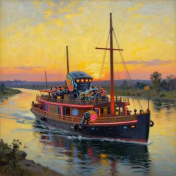 a neon robotic cyberpunk steamboat in the senna river, retrofuturistic japanese impressionism, oil on canvas, natural colors, horizon, golden hour, masterpiece, detailed, by gustave caillebotte, wlop, mucha, greg rutkowski