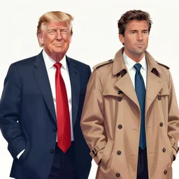 poster matte shaded illustration of donald trump and donald trump wearing trench coats and big black spy hats starring in spy vs spy