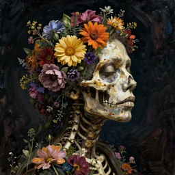 a woman's face in profile, made of wildflowers skeleton, in the style of the dutch masters and gregory crewdson, dark and moody