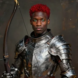 cedric cromwell, solo male knight, young adult, short straight red hair, green eyes, darkskinned ethiopian african skin, elaborate steel armor, longbow, clear symmetrical eyes, a male dnd knight's portrait, clear eyed, realistic, by brian patterson and rhads!!!, palette knife background