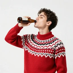 red and white kooiker wearing an Icelandic sweater and drinking a brown bottle of beer