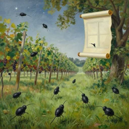 a gaggle of little black machine organisms swirled, windblown, across the grass under the trees and stars these swirled and swooped, to insert a slender probe or proboscis toward the grape trellises a window had opened in midair, or a scroll unfurled, oil painting by tomasz jedruszek, craig davison, anton semonov